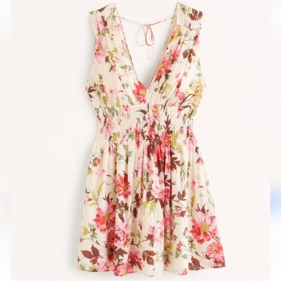 Abercombie & Fitch Smocked Plunge Sleeveless Dress Sz Large Pink Floral V Neck - Picture 1 of 12